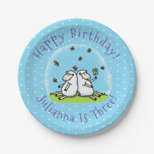Cute sheep friends and butterflies cartoon paper plate