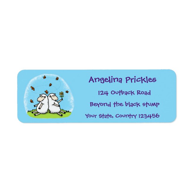 Cute sheep friends and butterflies cartoon return address label (Front)