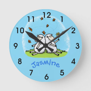 Cute sheep friends and butterflies cartoon round c clock