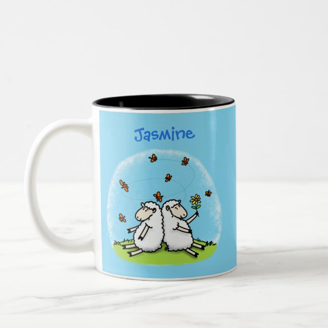 Cute sheep friends and butterflies cartoon Two-Tone coffee mug (Left)