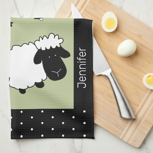 Cute Sheep Illustration Black, White, Sage Greeen Tea Towel (Quarter Fold)