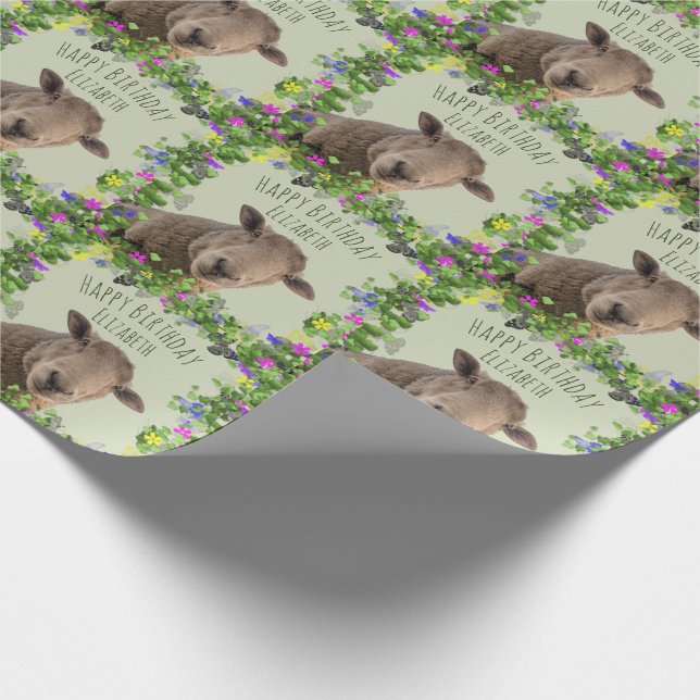 Cute Sheep in Floral Frame Personalised Wrapping Paper (Corner)