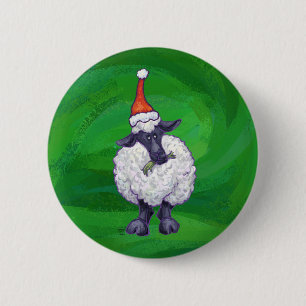 Cute Sheep in Santa Hat On Green 6 Cm Round Badge