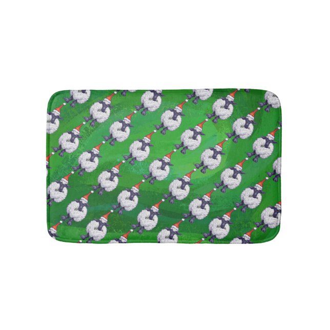 Cute Sheep in Santa Hat On Green Bath Mat (Front)