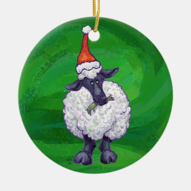 Cute Sheep in Santa Hat On Green Ceramic Tree Decoration (Front)