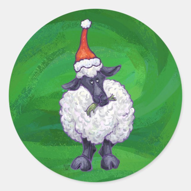 Cute Sheep in Santa Hat On Green Classic Round Sticker (Front)