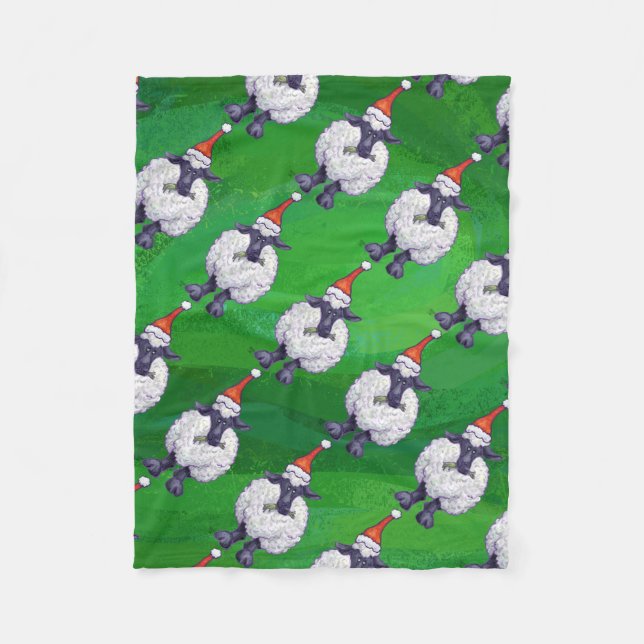 Cute Sheep in Santa Hat On Green Fleece Blanket (Front)