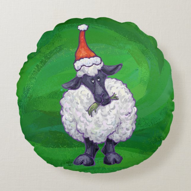 Cute Sheep in Santa Hat On Green Round Cushion (Front)