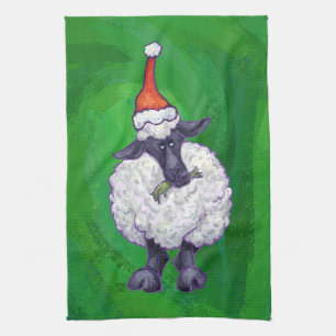 Cute Sheep in Santa Hat On Green Tea Towel