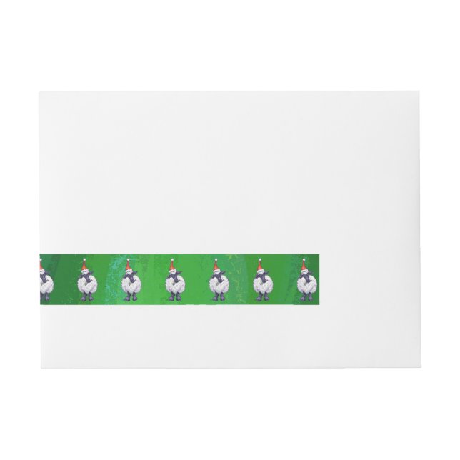 Cute Sheep in Santa Hat On Green Wraparound Address Label (Front)