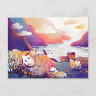 Cute sheep in the mountains near the lake postcard