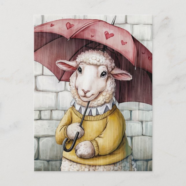 Cute Sheep in Yellow Sweater With Umbrella Postcard (Front)