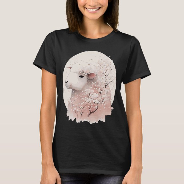 Cute Sheep Japanese Cherry Blossom Sakura Farm Ani T-Shirt (Front)
