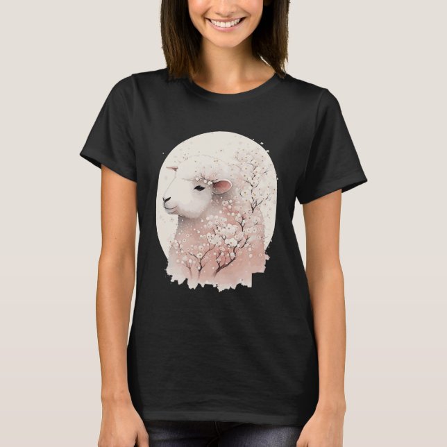 Cute Sheep Japanese Cherry Blossom Sakura Farm Ani T-Shirt (Front)