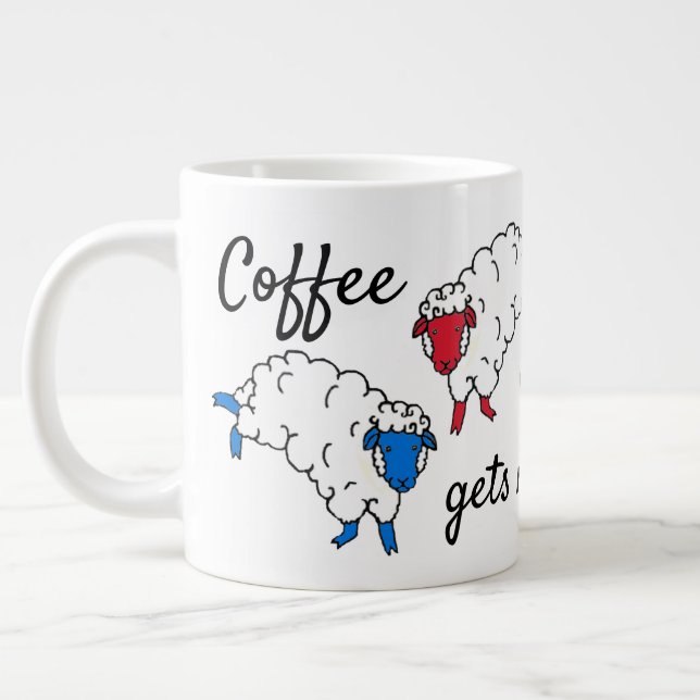 Cute sheep jumping "Coffee gets me jump started" Large Coffee Mug (Left)