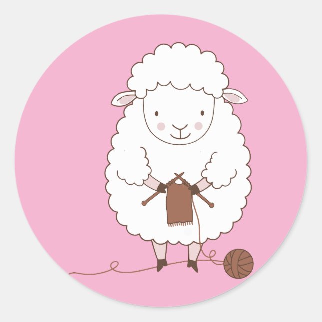 Cute Sheep Knitting Brown Yarn Classic Round Sticker (Front)