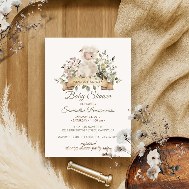 Cute Sheep Lamb Botanical Ribbon Baby Shower Invitation (Creator Uploaded)