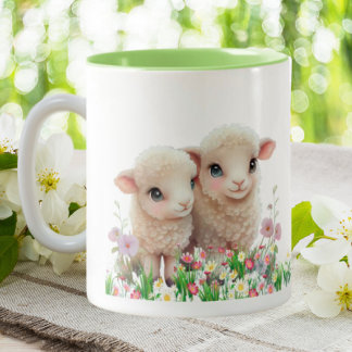 Cute Sheep Lamb in garden of flowers personalised Two-Tone Coffee Mug