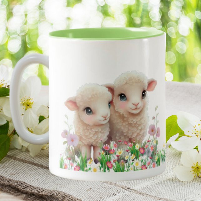 Cute Sheep Lamb in garden of flowers personalised  Two-Tone Coffee Mug (Creator Uploaded)