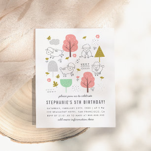 Cute Sheep Modern Little Girl's Birthday Party Invitation Postcard