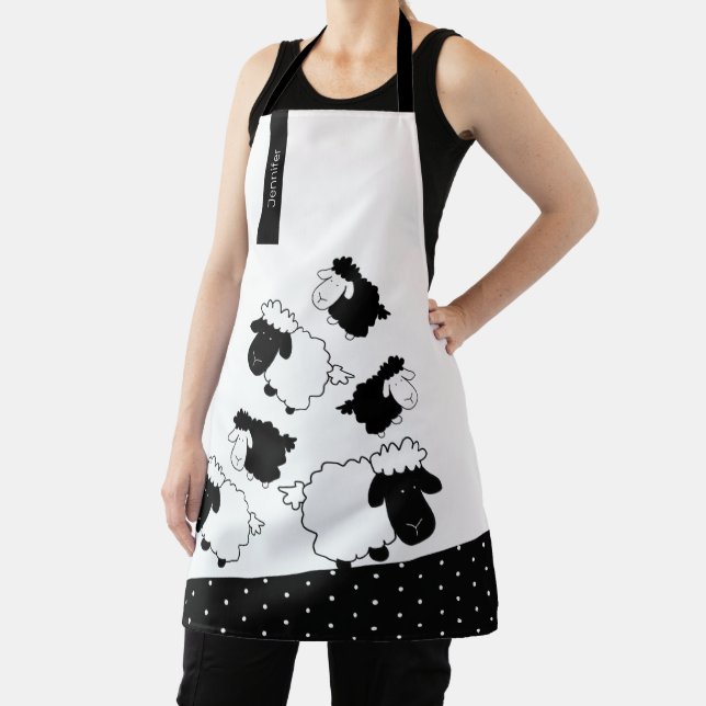 Cute Sheep on Black And White Apron (Insitu)