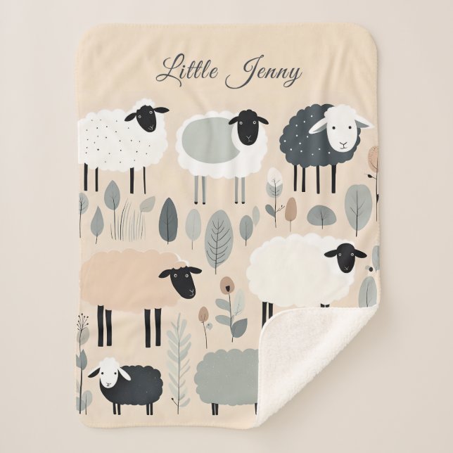 Cute Sheep Pastel Colours Minimal Personalised Sherpa Blanket (Front)