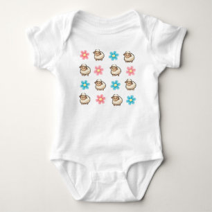 Cute Sheep Pink and Blue Floral Custom Name Baby Bodysuit