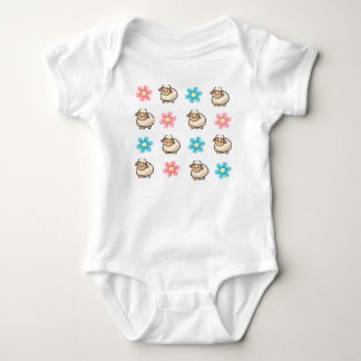 Cute Sheep Pink and Blue Floral Custom Name Baby Bodysuit