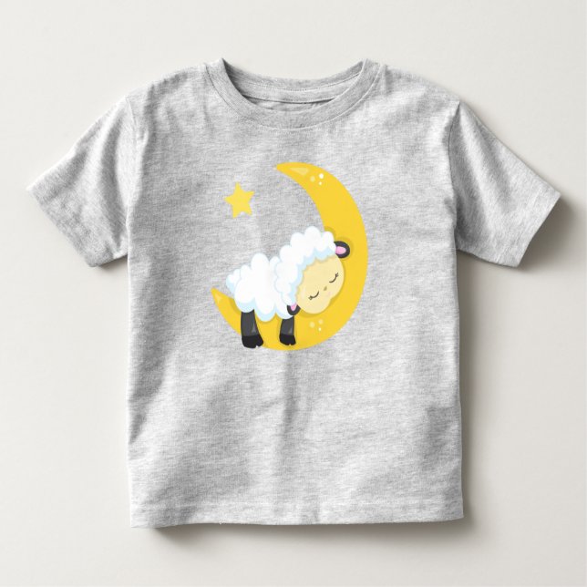 Cute Sheep, Sleeping Sheep, Moon, Stars, Sleepy Toddler T-Shirt (Front)