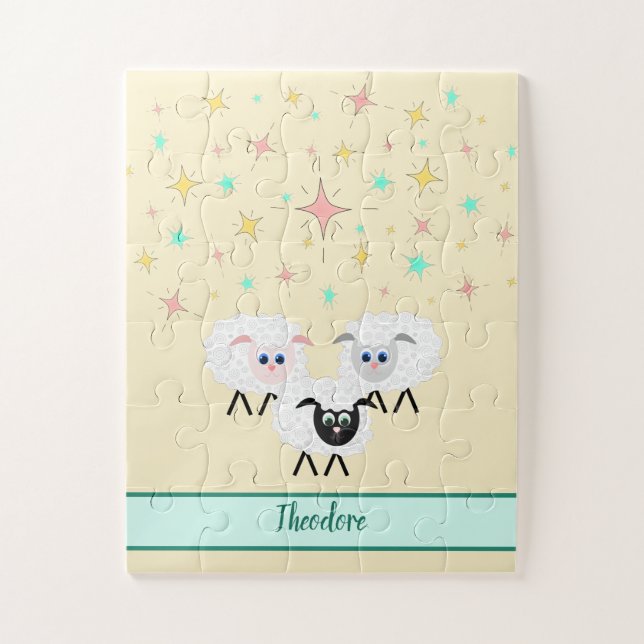 Cute Sheep & Stars Monogrammed Childrens Puzzle (Vertical)