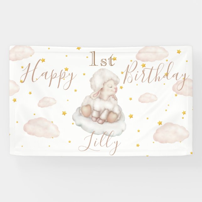 Cute Sheep stars pinky clouds Lamb Happy Birthday Banner (Horizontal)