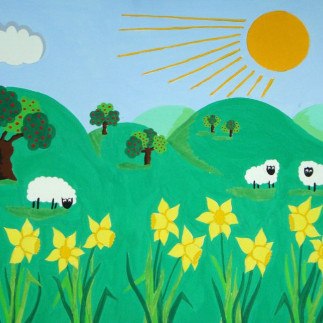 cute sheep trees hills blue sky and sun fun kids   jigsaw puzzle (Creator Uploaded)