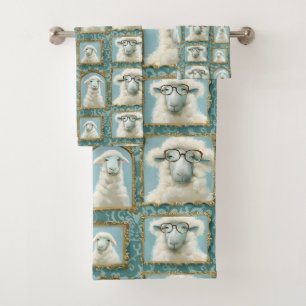 Cute sheep wearing glasses on blue bath towel set