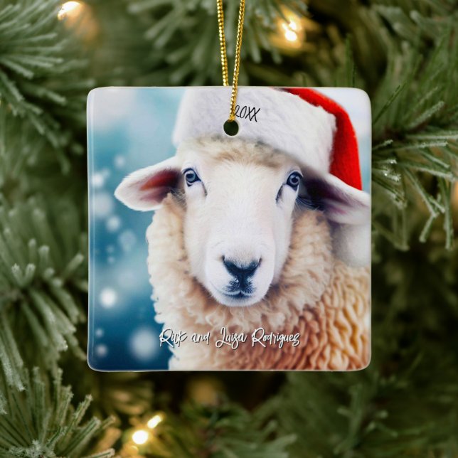 Cute Sheep Wearing Santa Hat Christmas Ceramic Ornament (Tree)