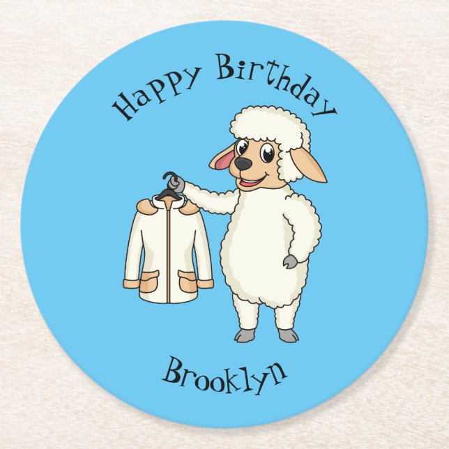 Cute sheep with jacket cartoon  round paper coaster (Front)