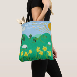 cute sheep with trees hills blue sky daffodils tote bag