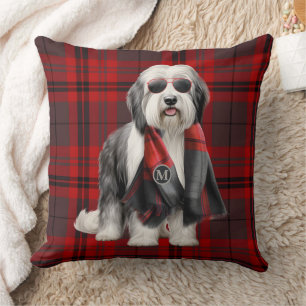 Cute Sheepdog and Red Plaid Funn Holiday Christmas Cushion