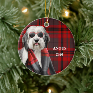 Cute Sheepdog and Red Plaid Personalised Dog Ceramic Ornament