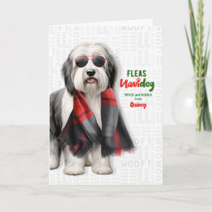 Cute Sheepdog Funny Fleas Navidog with Name Holiday Card