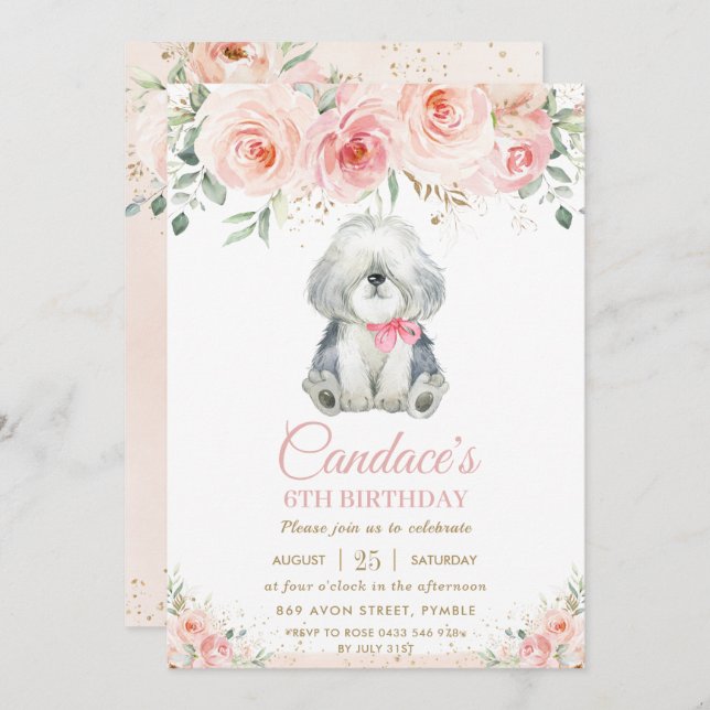 Cute Sheepdog Puppy Dog Pink Floral Girl Birthday Invitation (Front/Back)