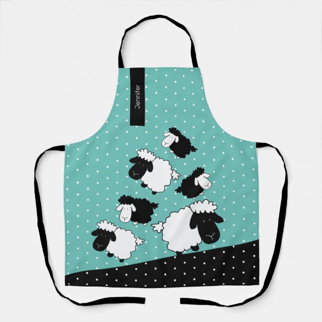 Cute Sheeps Illustration Black And White Apron (Front)