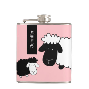 Cute Sheeps Illustration Black And White on Blush Hip Flask