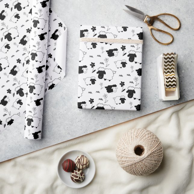 Cute Sheeps Illustration Black And White Wrapping Paper (Crafts)
