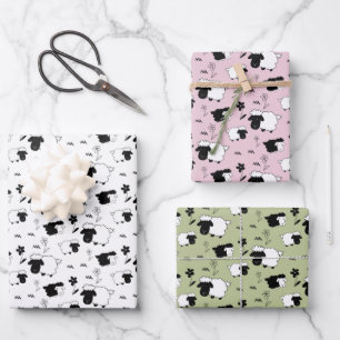 Cute Sheeps Illustration Black White, Blush, Green Wrapping Paper Sheet