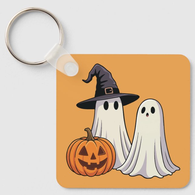 Cute Sheet Ghosts with Witch Hat & Pumpkin Key Ring (Front)