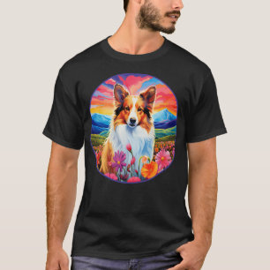 Cute Sheltie Colourful Flower Mountain Sunset Pupp T-Shirt