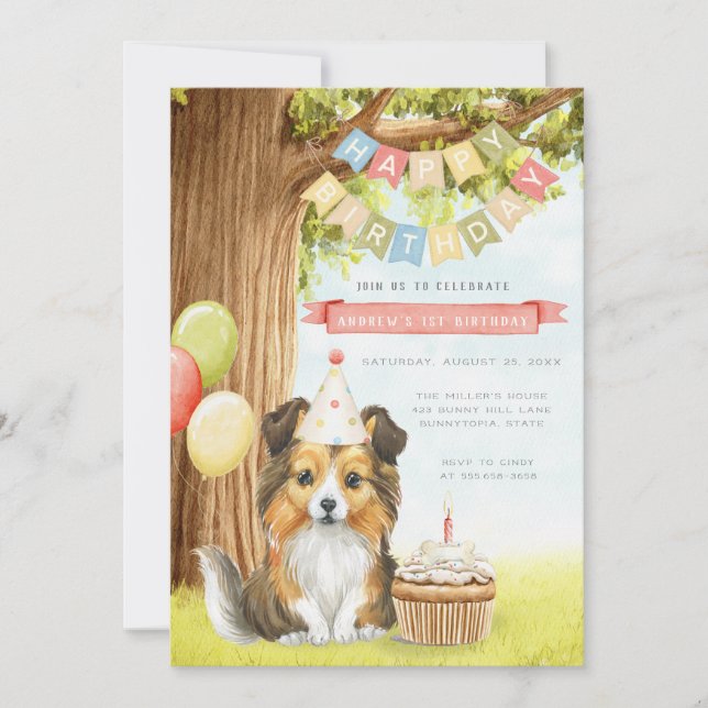 Cute Sheltie Dog Birthday Party Invitation (Front)