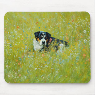 Cute Shepherd Mix Dog Whimsical Art Flowers Mouse Pad