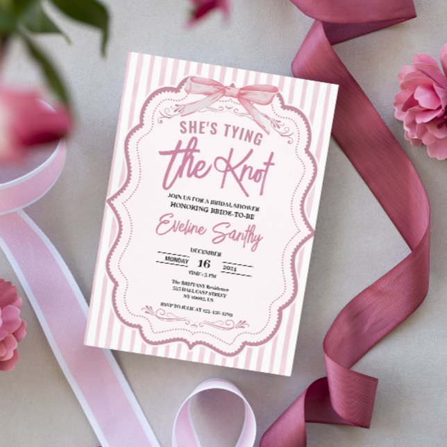 Cute She's Tying the Knot Pink White Bridal Shower Invitation (“She’s Tying the Knot” Pink Bridal Shower Invitation. Featuring elegant pink and white stripes)