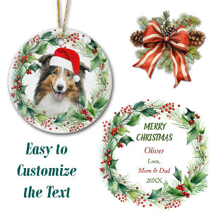 Cute Shetland Sheepdog Holly Wreath Christmas Ceramic Ornament